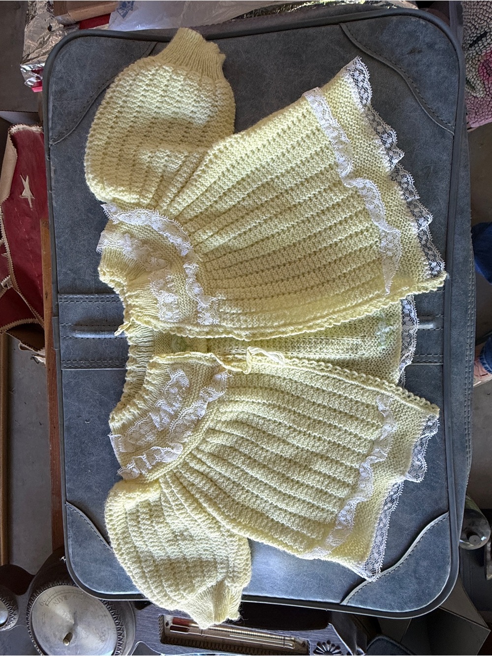 Vintage Renro’s Imports Yellow Knit Baby Cardigan Set with White Lace